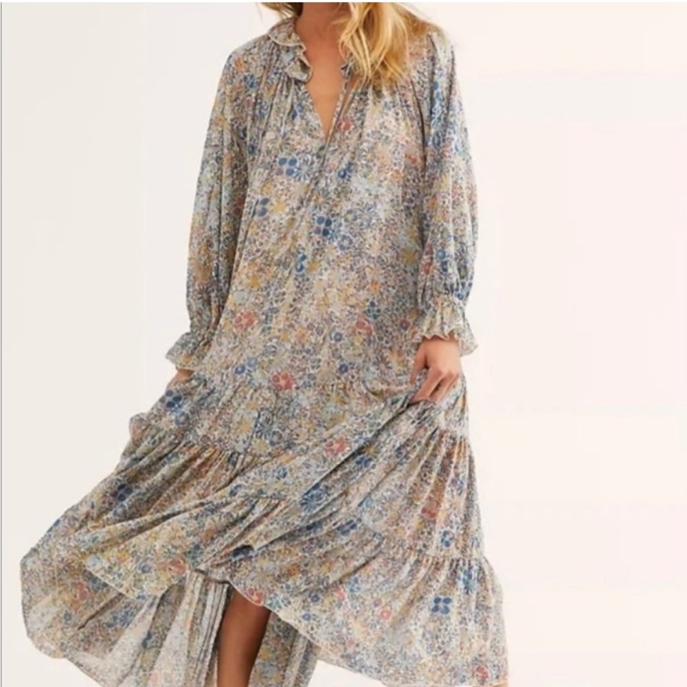 Free People Floral Long Sleeve Ruffled Maxi Dress - Blue & Cream